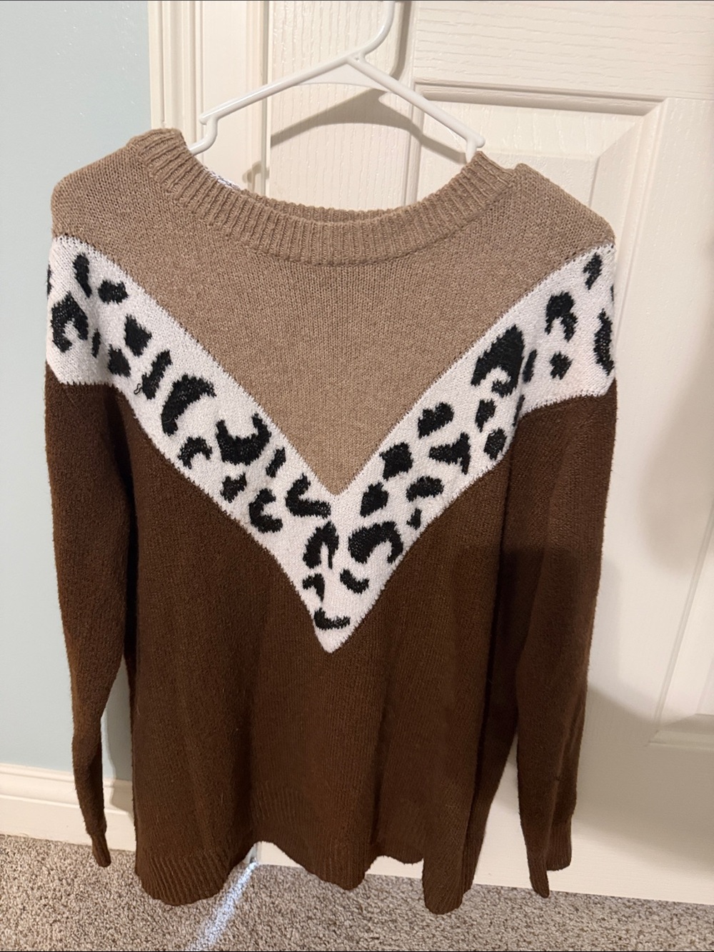 Staccato Brown & Taupe V-Yoke Leopard Trim Knit Sweater